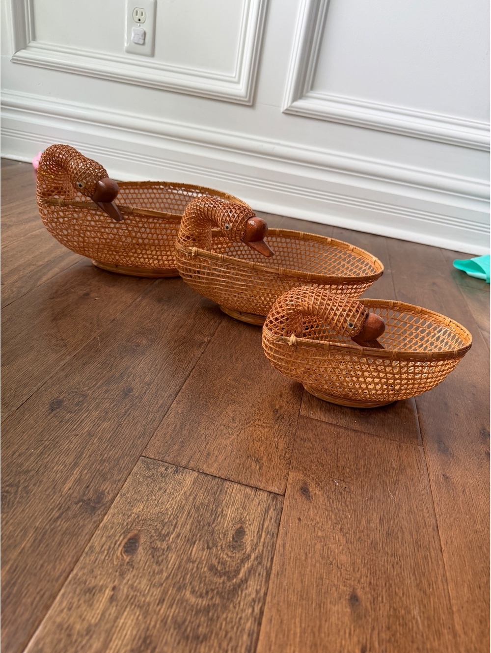 Set of 3 Vintage Handwoven Goose Shaped Baskets with Carved Wooden Heads